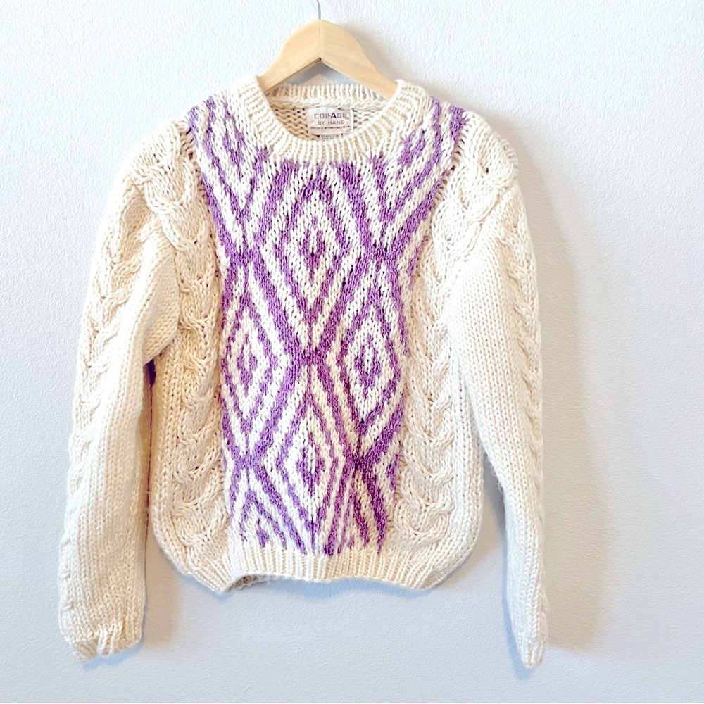 Vintage Collage by Hand Purple and White Knitted Sweater